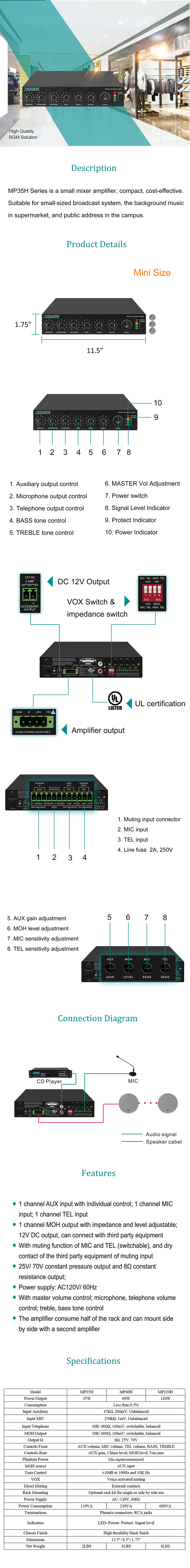 MP35H/MP60H/MP120H Mini Digital Mixer Amplifier